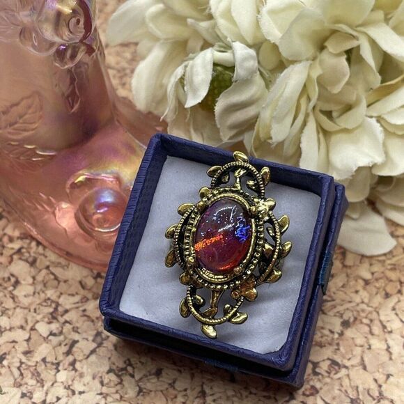 Valentine’s Day Renaissance Medieval gold Ring Mexican Fire Opal Dragons breath - Picture 3 of 16